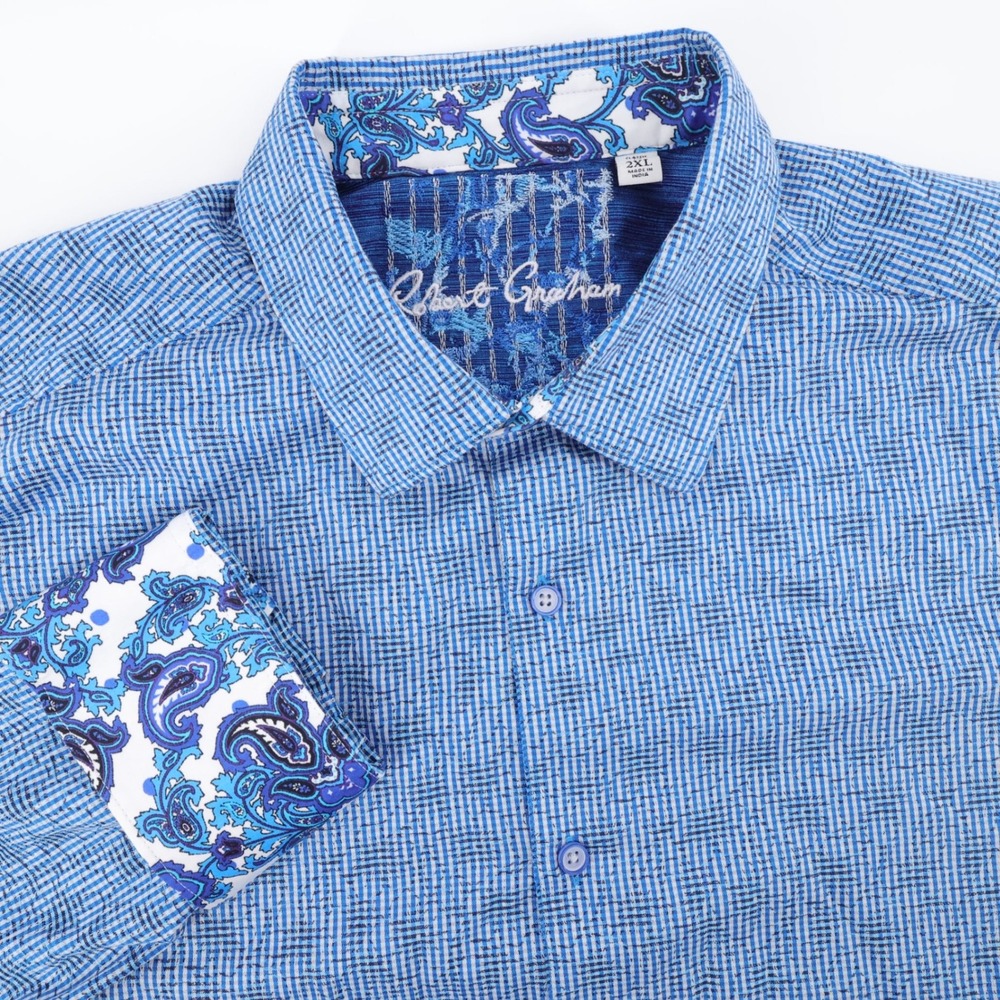 NEW Robert Graham Paisley Trim Check Button Down Blue Long Sleeve Mens 2XL